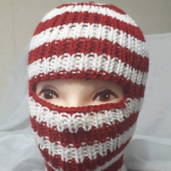 Handmade Knit Balaclava Red White Striped - Picture 1 of 3